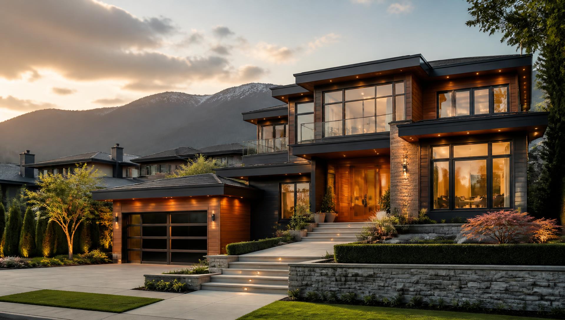 Prestigious Vancouver luxury home exterior with cedar and panel siding at golden hour
