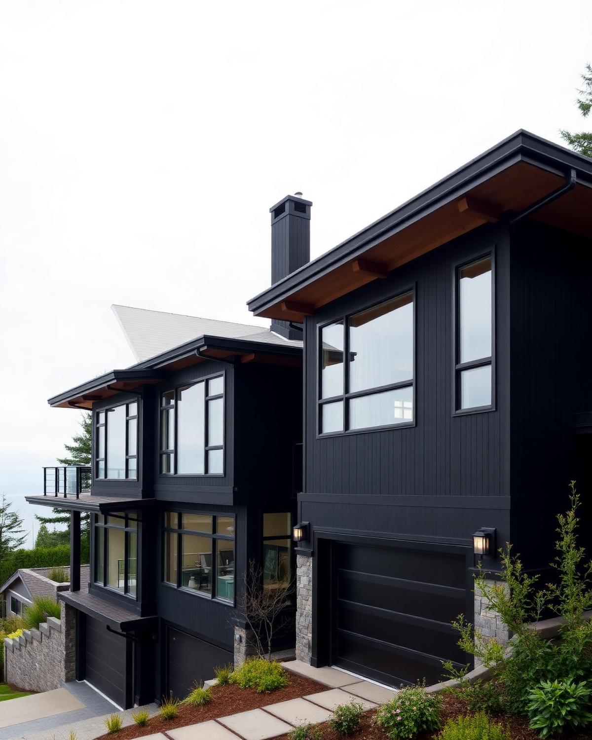 Modern West Vancouver luxury home with dark siding and cedar soffits
